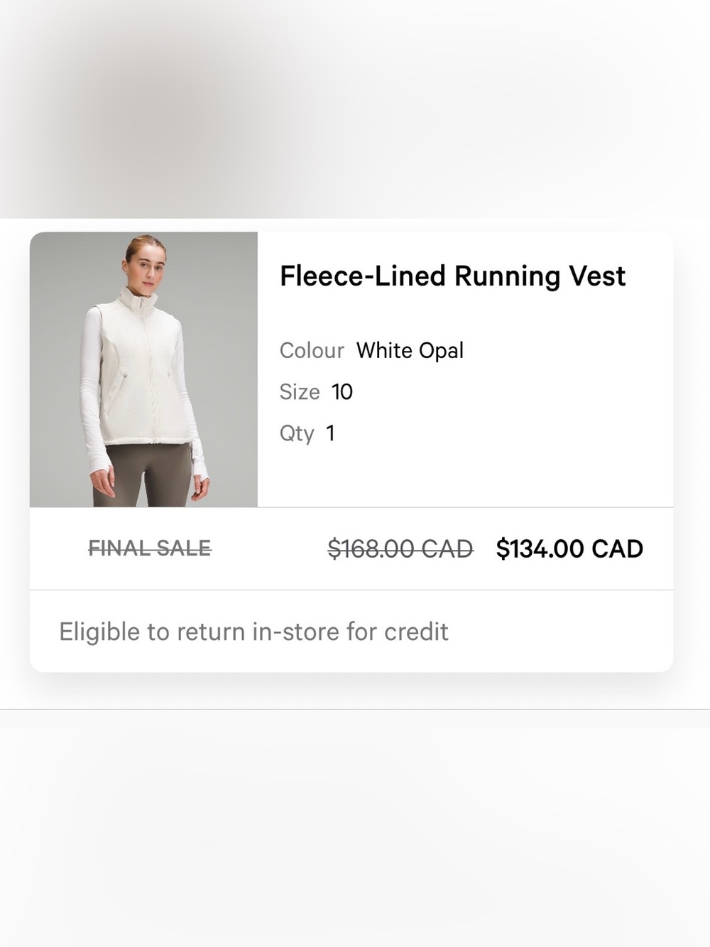 Lululemon size 10 Fleece-Lined Running Vest in White Opal